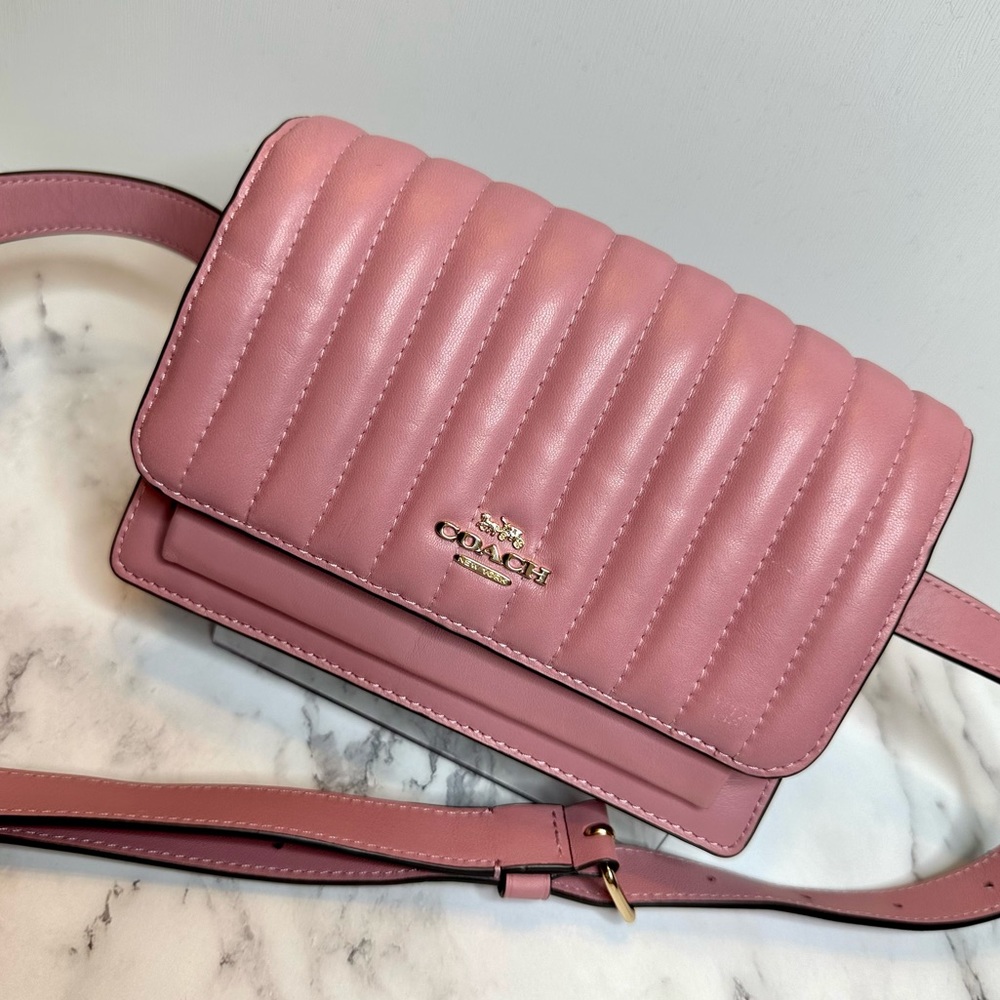 EUC Coach Linear Quilted Pink Nappa Leather 2 Way Belt Bag Crossbody - Picture 8 of 17